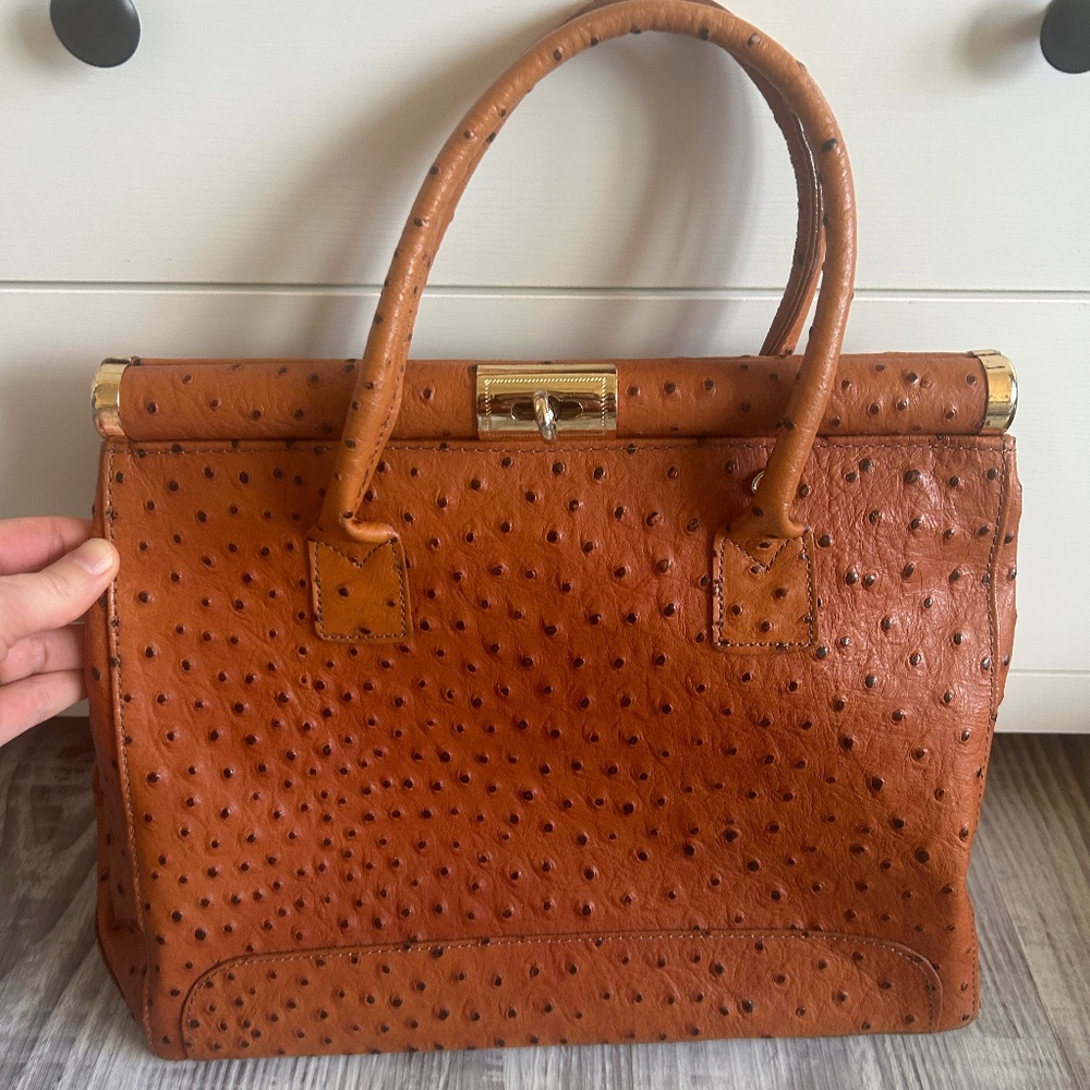 Vintage Italian Ostrich Leather Top Handle Bag - Pelle di Giada - Cognac Brown